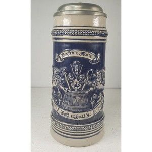 Vintage Original Gerzit Lidded German Stoneware Beer Stein Cobalt Blue Pewter